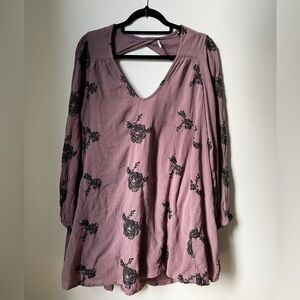 Free People Austin Mauve Long Sleeve Dress with Black Embroidered Floral Design